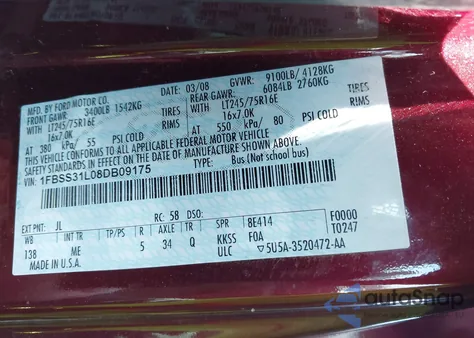 2008 Ford E-350 Super Duty Xl/Xlt from USA, damaged, VIN 1FBSS31L08DB09175